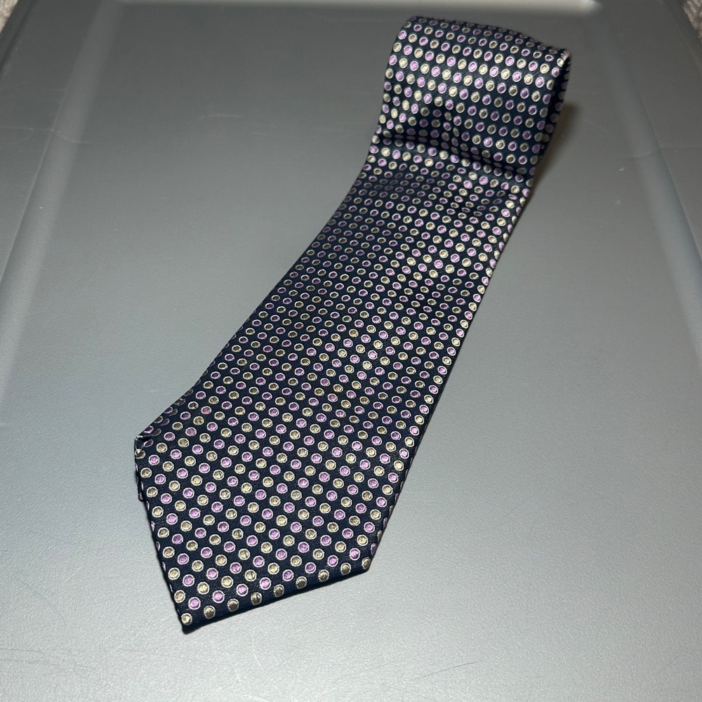 Express Mens Navy Blue Purple Gold Geometric Circle 100% Italian Silk Necktie